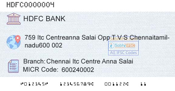 Hdfc Bank Chennai Itc Centre Anna SalaiBranch 
