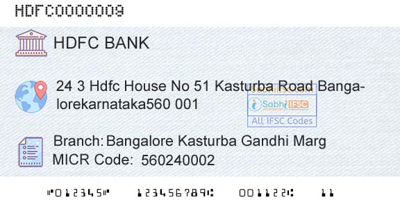 Hdfc Bank Bangalore Kasturba Gandhi MargBranch 