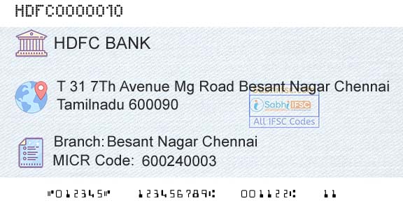 Hdfc Bank Besant Nagar ChennaiBranch 