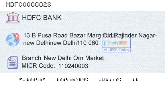 Hdfc Bank New Delhi Orn MarketBranch 