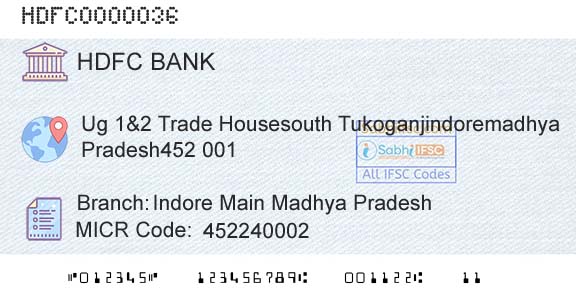 Hdfc Bank Indore Main Madhya PradeshBranch 