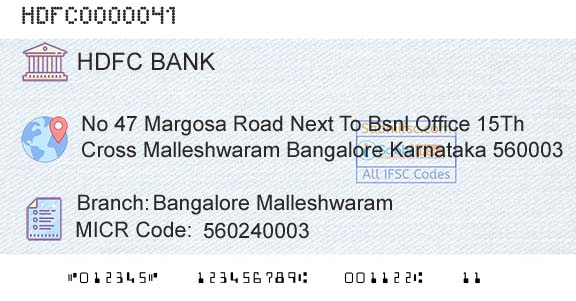 Hdfc Bank Bangalore MalleshwaramBranch 
