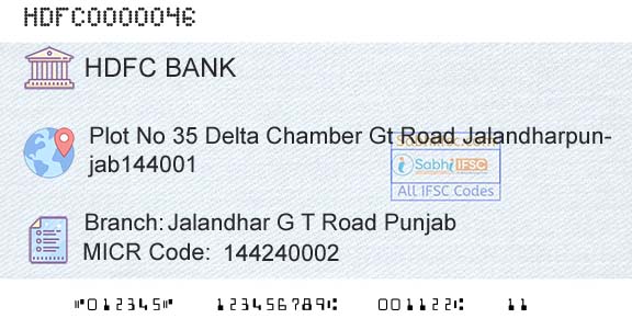 Hdfc Bank Jalandhar G T Road PunjabBranch 