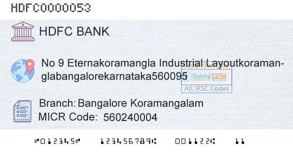 Hdfc Bank Bangalore KoramangalamBranch 