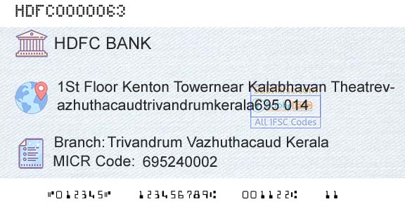 Hdfc Bank Trivandrum Vazhuthacaud KeralaBranch 