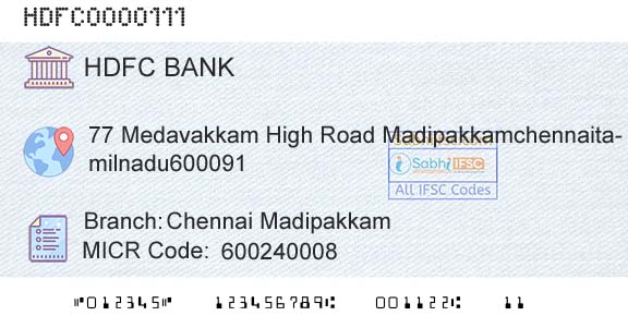 Hdfc Bank Chennai MadipakkamBranch 