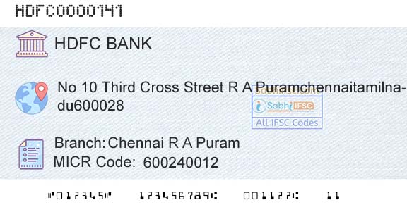 Hdfc Bank Chennai R A PuramBranch 