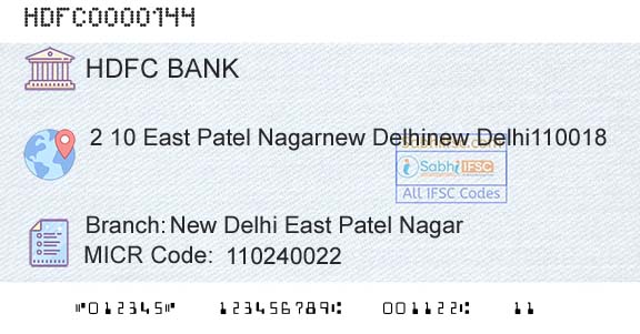 Hdfc Bank New Delhi East Patel NagarBranch 