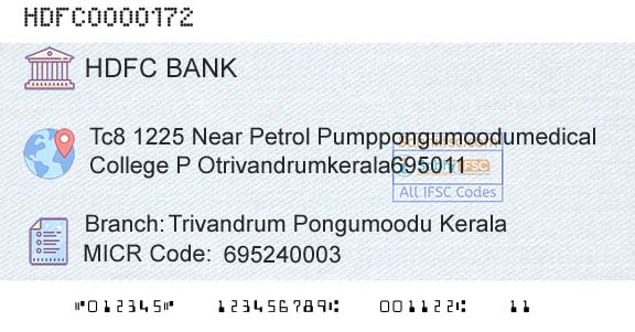 Hdfc Bank Trivandrum Pongumoodu KeralaBranch 
