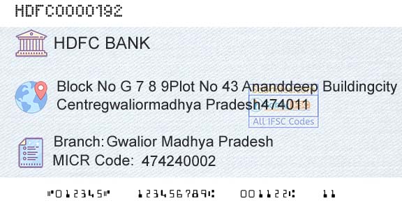 Hdfc Bank Gwalior Madhya PradeshBranch 