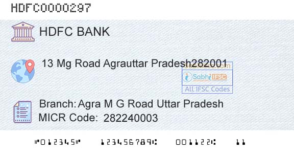 Hdfc Bank Agra M G Road Uttar PradeshBranch 