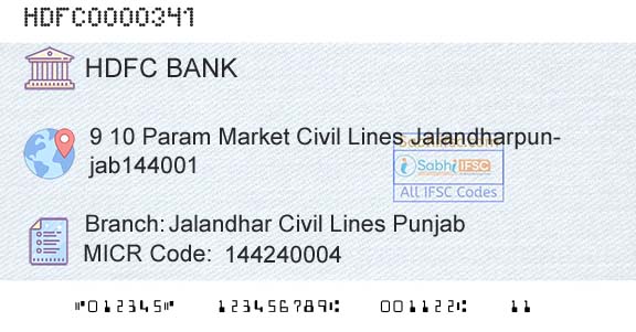 Hdfc Bank Jalandhar Civil Lines PunjabBranch 