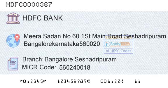 Hdfc Bank Bangalore SeshadripuramBranch 