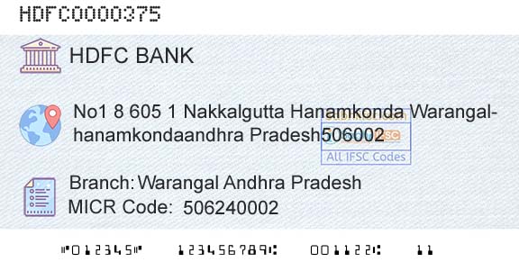 Hdfc Bank Warangal Andhra PradeshBranch 