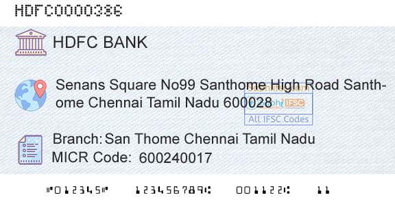 Hdfc Bank San Thome Chennai Tamil NaduBranch 