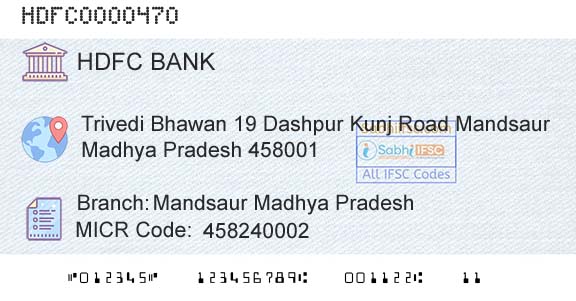 Hdfc Bank Mandsaur Madhya PradeshBranch 