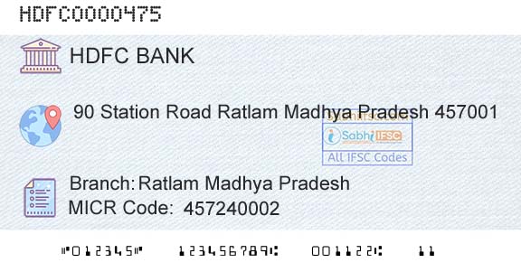Hdfc Bank Ratlam Madhya PradeshBranch 