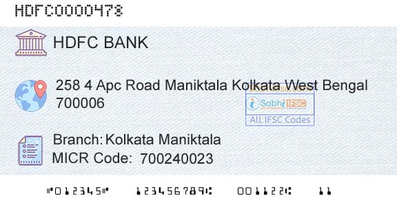Hdfc Bank Kolkata ManiktalaBranch 