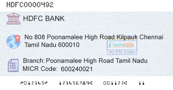 Hdfc Bank Poonamalee High Road Tamil NaduBranch 