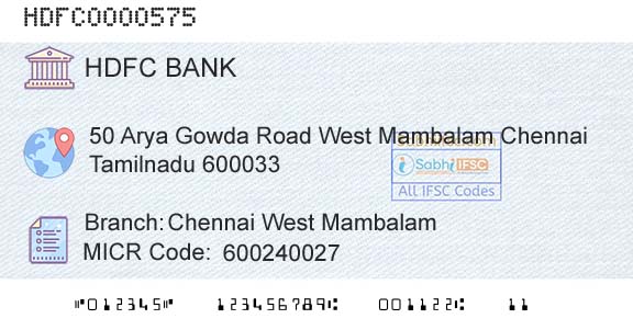 Hdfc Bank Chennai West MambalamBranch 