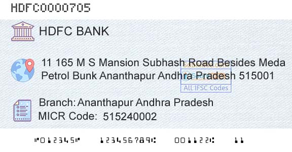 Hdfc Bank Ananthapur Andhra PradeshBranch 