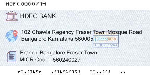 Hdfc Bank Bangalore Fraser TownBranch 