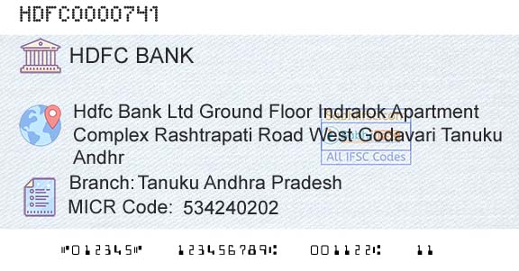 Hdfc Bank Tanuku Andhra PradeshBranch 