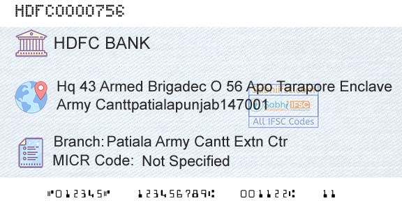 Hdfc Bank Patiala Army Cantt Extn CtrBranch 