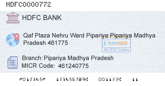 Hdfc Bank Pipariya Madhya PradeshBranch 