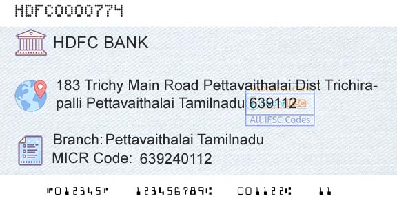 Hdfc Bank Pettavaithalai TamilnaduBranch 
