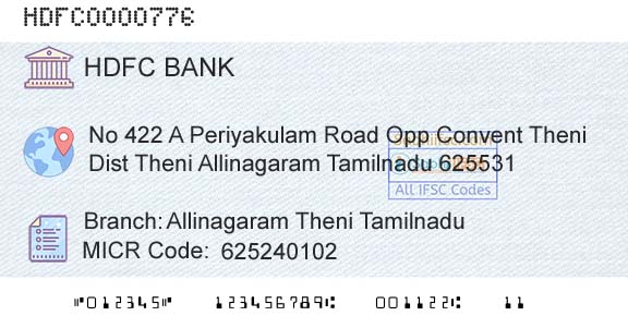 Hdfc Bank Allinagaram Theni TamilnaduBranch 