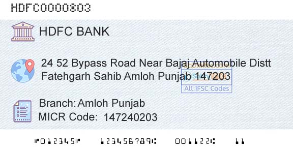 Hdfc Bank Amloh PunjabBranch 