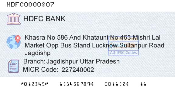 Hdfc Bank Jagdishpur Uttar PradeshBranch 