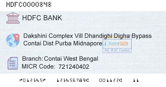 Hdfc Bank Contai West BengalBranch 