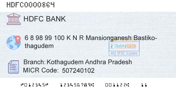 Hdfc Bank Kothagudem Andhra PradeshBranch 
