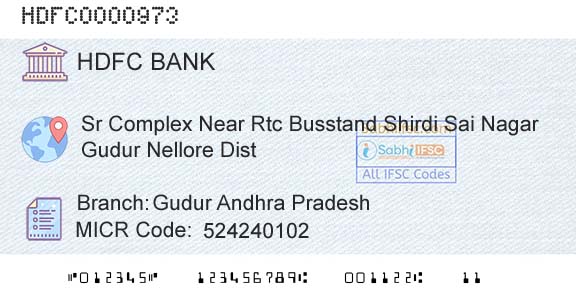 Hdfc Bank Gudur Andhra PradeshBranch 