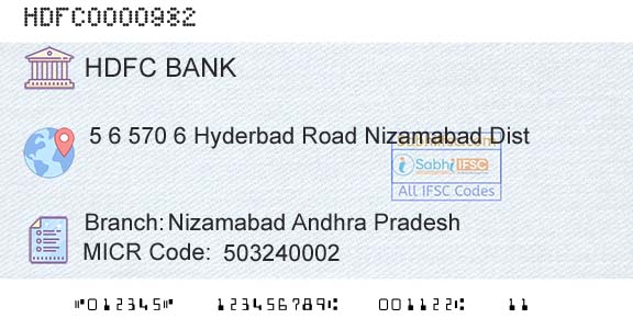 Hdfc Bank Nizamabad Andhra PradeshBranch 