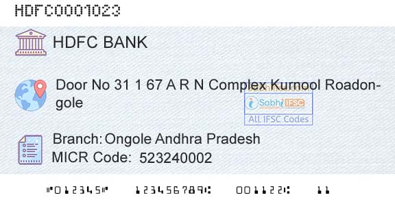 Hdfc Bank Ongole Andhra PradeshBranch 