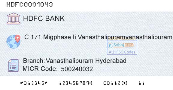 Hdfc Bank Vanasthalipuram HyderabadBranch 