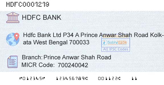Hdfc Bank Prince Anwar Shah RoadBranch 
