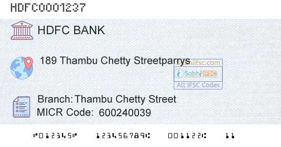 Hdfc Bank Thambu Chetty StreetBranch 