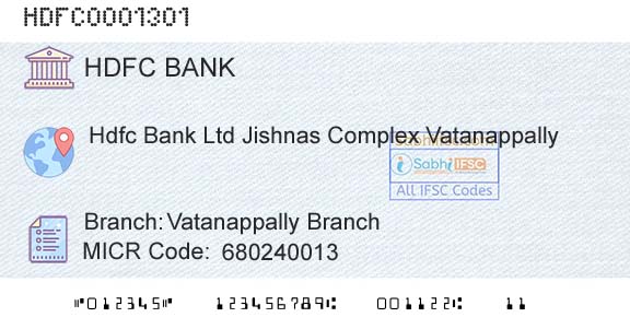 Hdfc Bank Vatanappally BranchBranch 