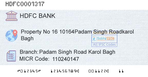 Hdfc Bank Padam Singh Road Karol BaghBranch 