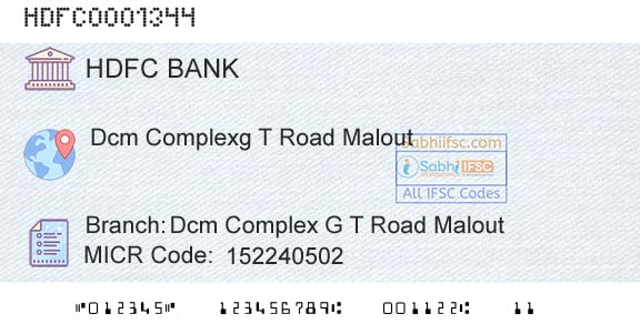 Hdfc Bank Dcm Complex G T Road MaloutBranch 