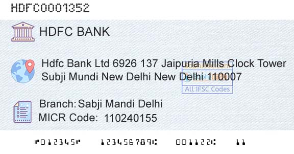 Hdfc Bank Sabji Mandi DelhiBranch 