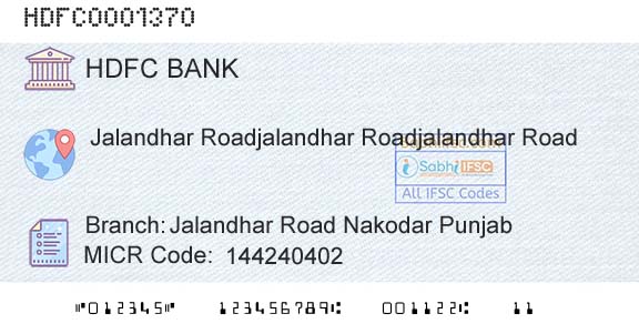 Hdfc Bank Jalandhar Road Nakodar PunjabBranch 