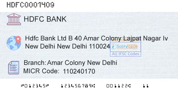 Hdfc Bank Amar Colony New DelhiBranch 