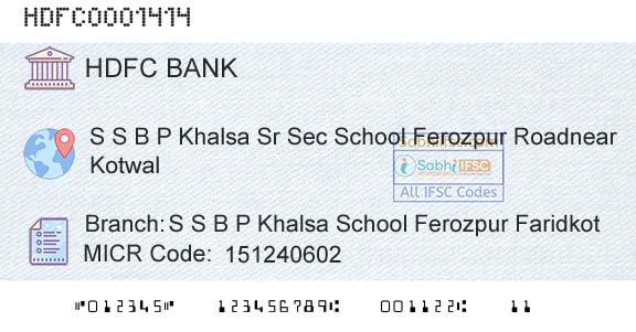 Hdfc Bank S S B P Khalsa School Ferozpur FaridkotBranch 