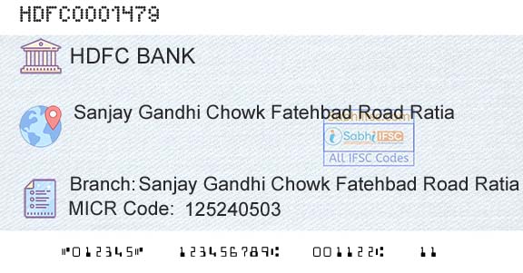 Hdfc Bank Sanjay Gandhi Chowk Fatehbad Road RatiaBranch 