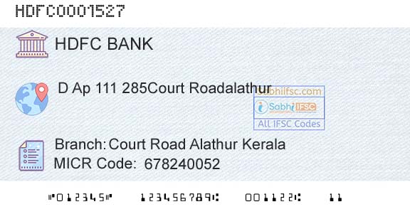 Hdfc Bank Court Road Alathur KeralaBranch 